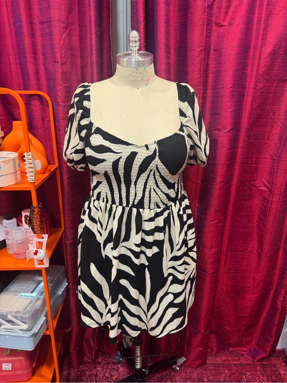H&M Black and White Zebra-Print Puff Sleeve Mini Dress